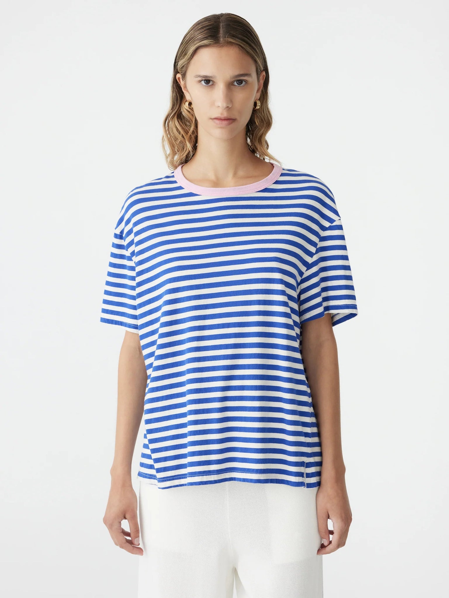 bassike | Natural/Cobalt Vtg Stripe Boyfriend s/s t.shirt | Candy Pink Contrast | Palm Boutique