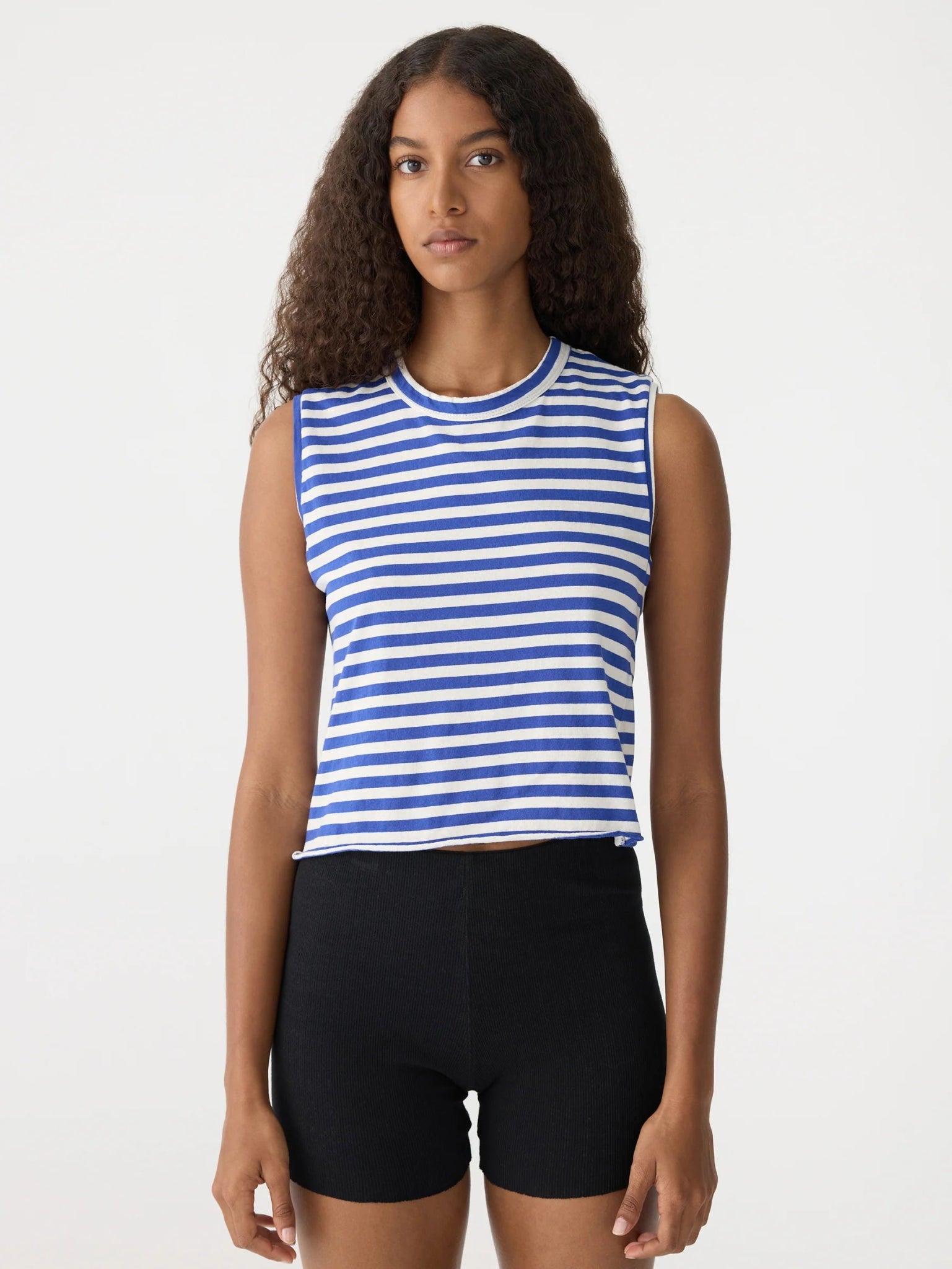 bassike | Stripe Raw Edge Baby Tank | Nat/Cobalt | Palm Boutique