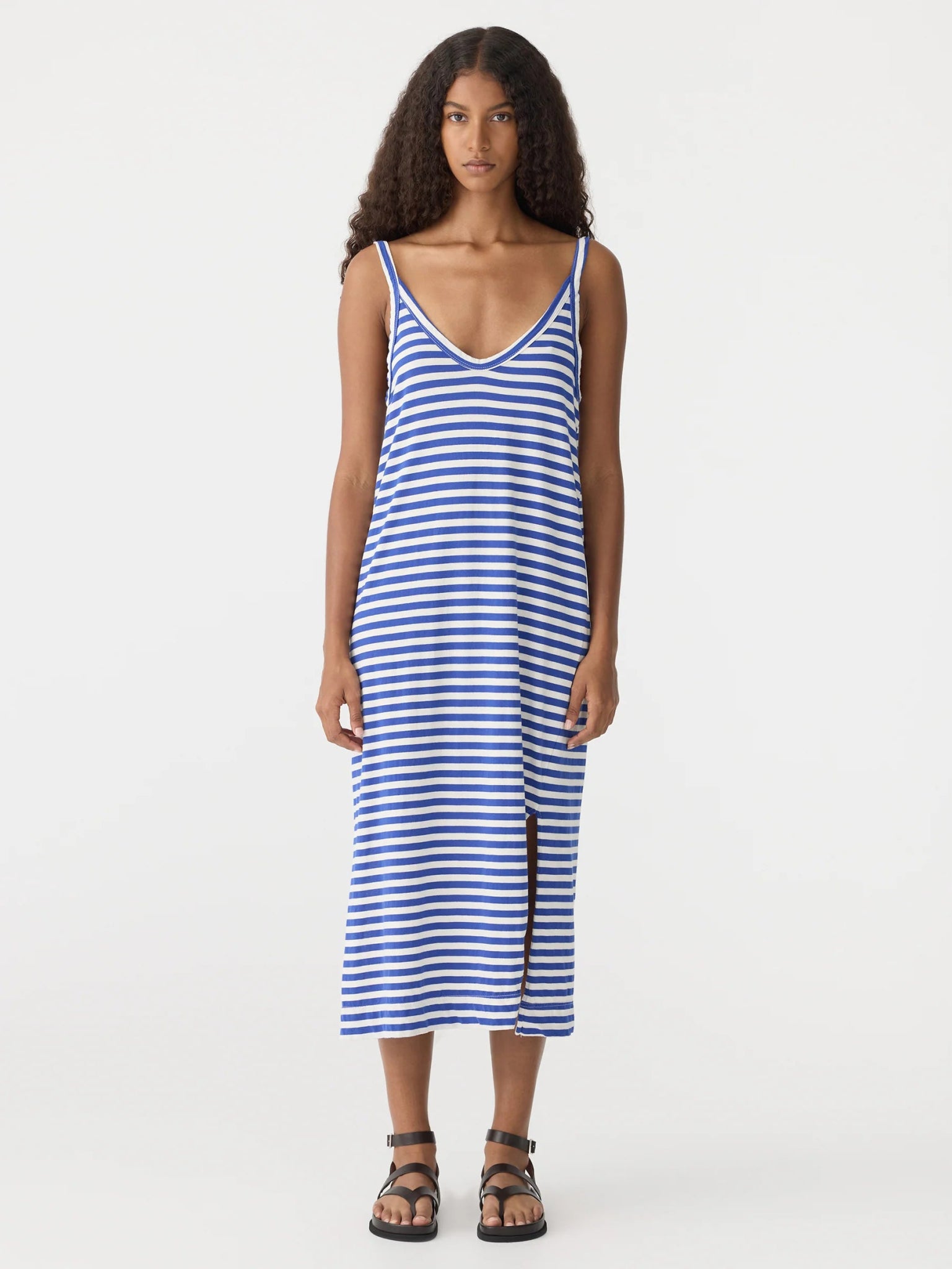 bassike | Stripe v neck jsy slip dress | Nat/Cobalt | Palm Boutique