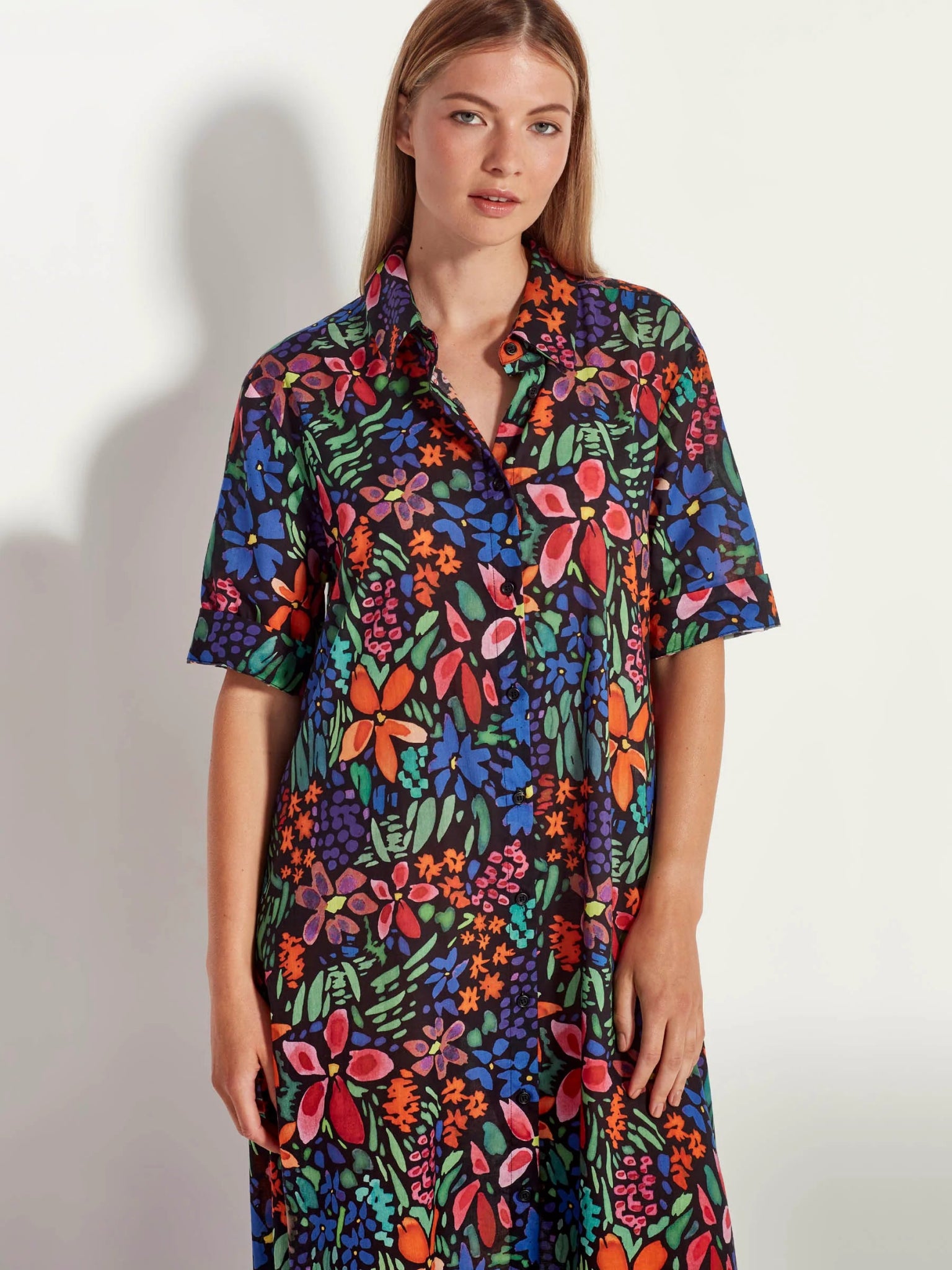 Juliette Hogan | Isle Shirtdress | Black Bouquet Cotton Vivid | Palm Boutique