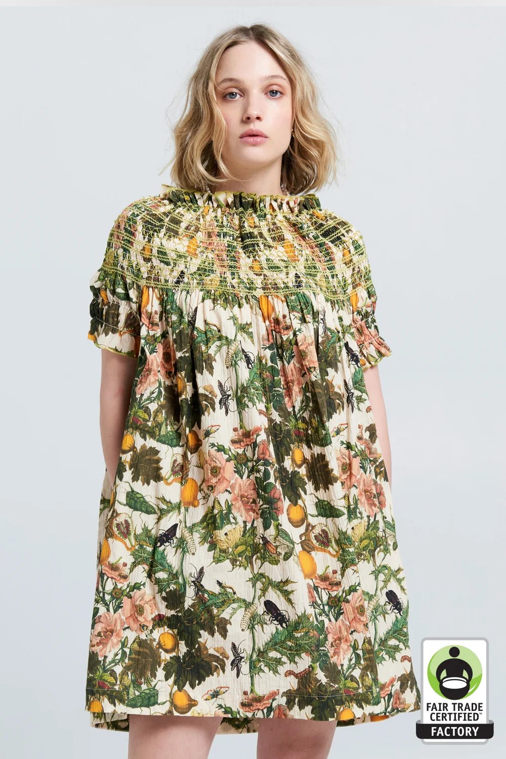 Karen Walker | KW Gaia Smocked Mini Dress | Insects & Fruit Crinkle Macadamia Smocking | Palm Boutique