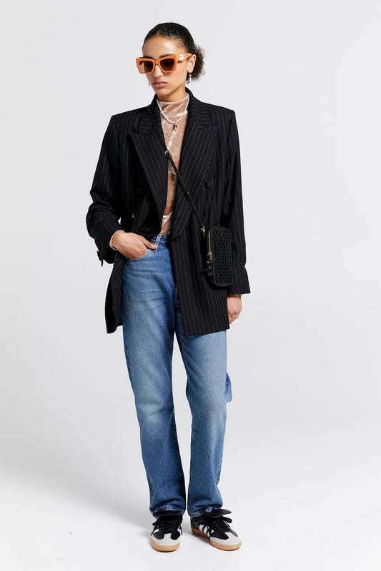 Karen Walker | Kyoto Double Breasted Jacket | Pinstripe Suiting Black | Palm Boutique