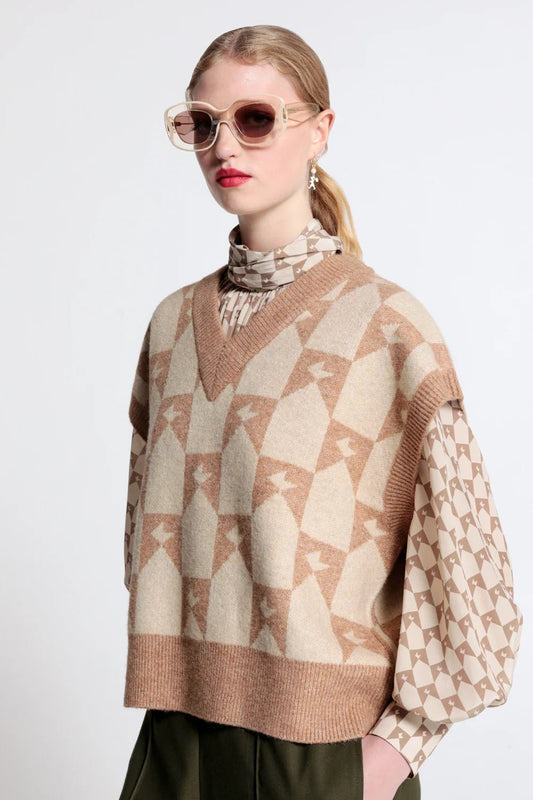 Karen Walker | Monogram Chunky Vest | Jacqard Knit Tan | Palm Boutique