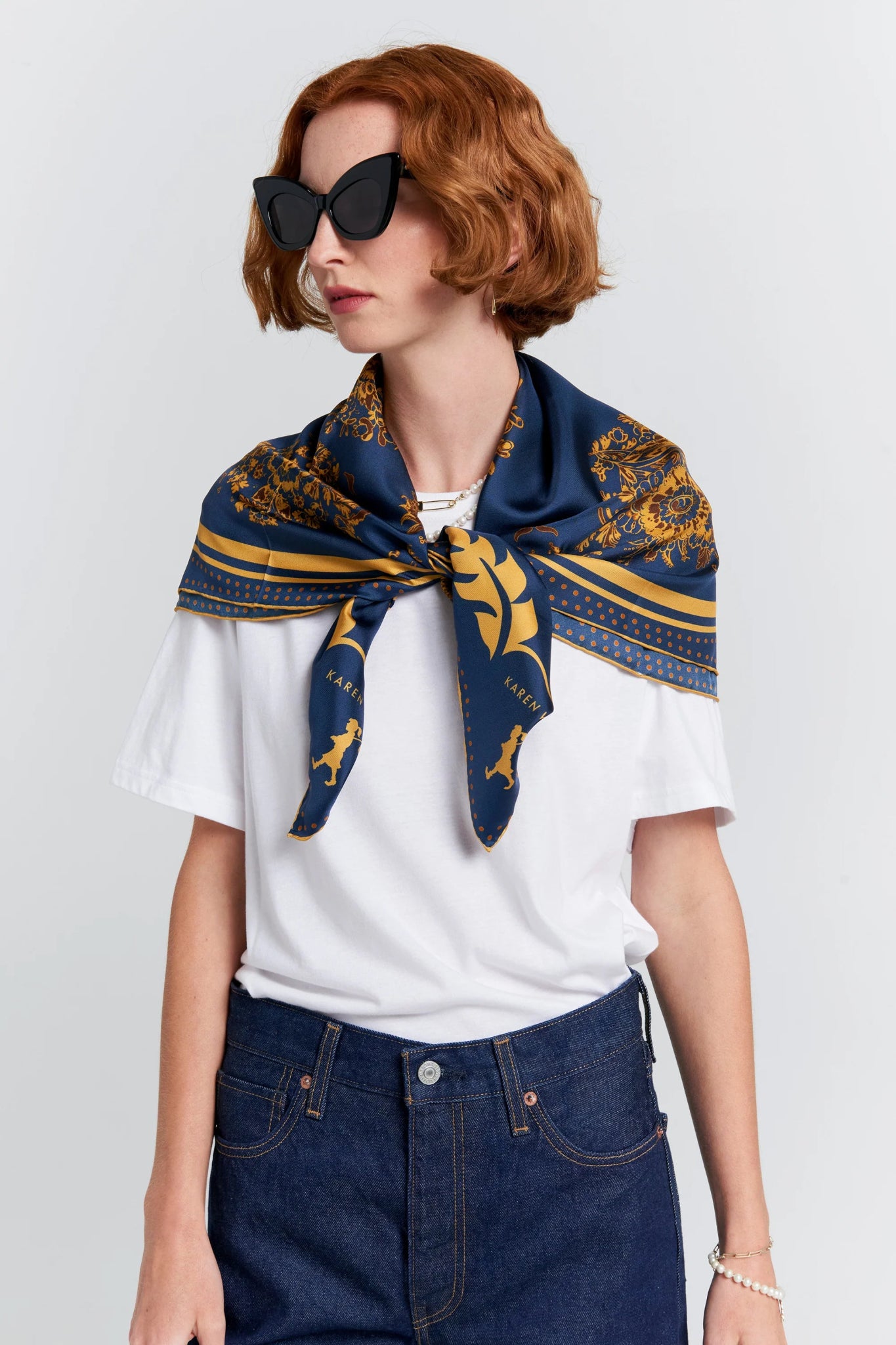 Karen Walker | Porcelain Plate Classic Silk Scarf | Navy/Antique Gold | Palm Boutique