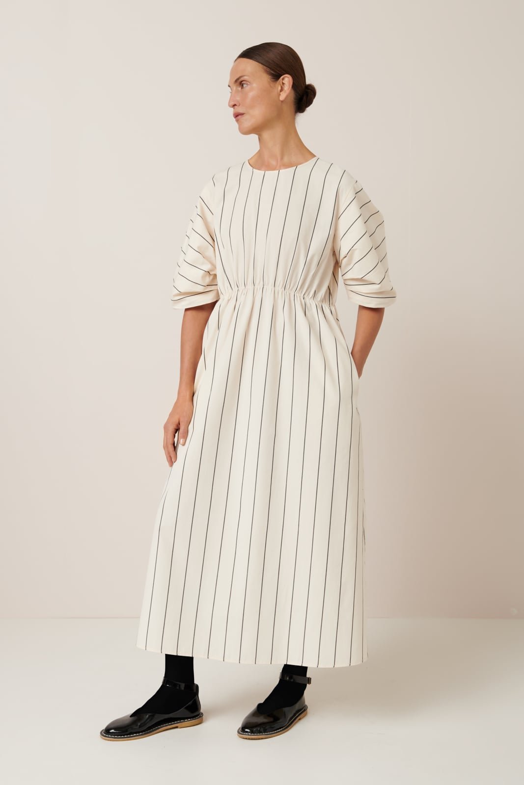 kowtow | Ellora Dress | Greige Pinstripe | Palm Boutique