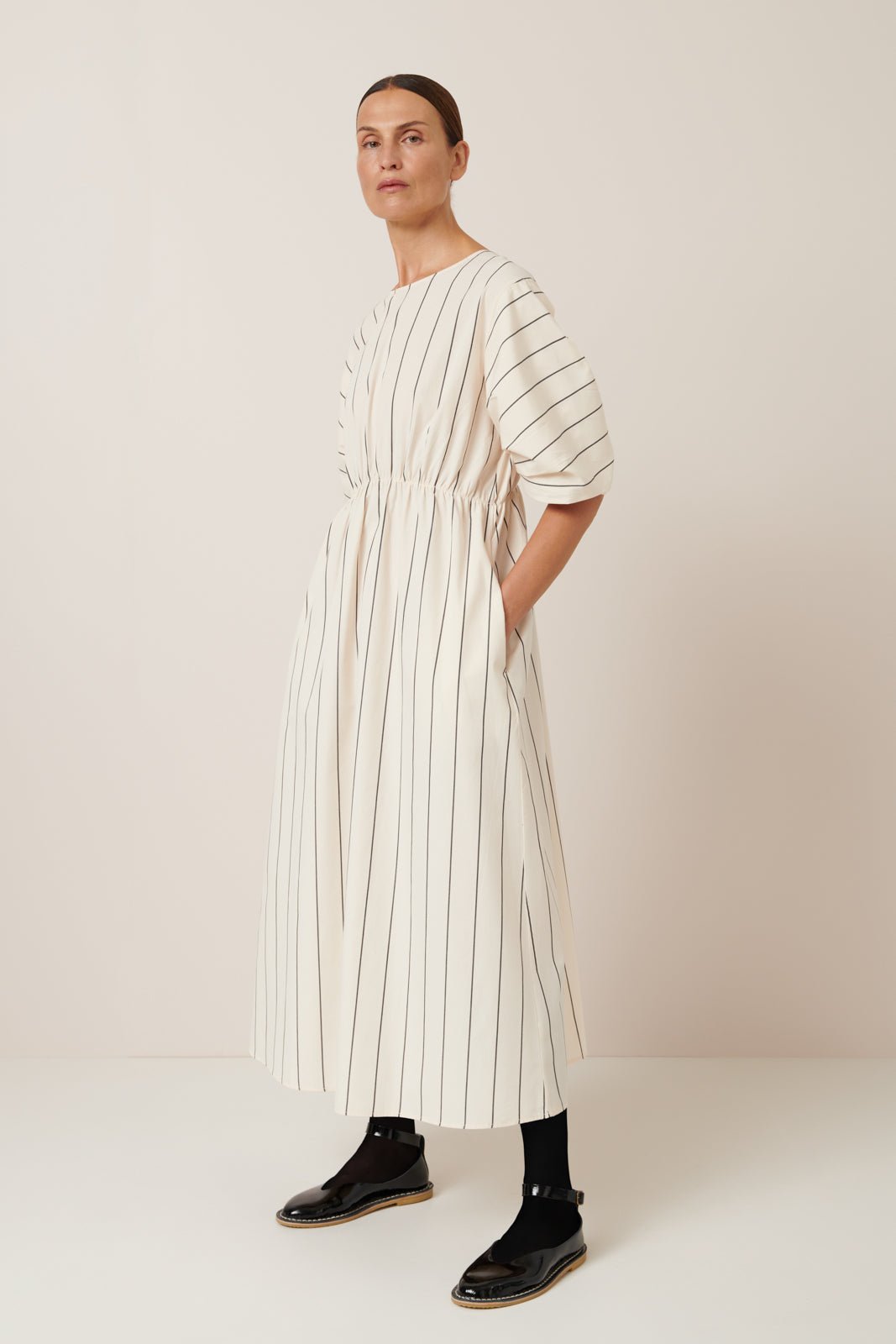 kowtow | Ellora Dress | Greige Pinstripe | Palm Boutique