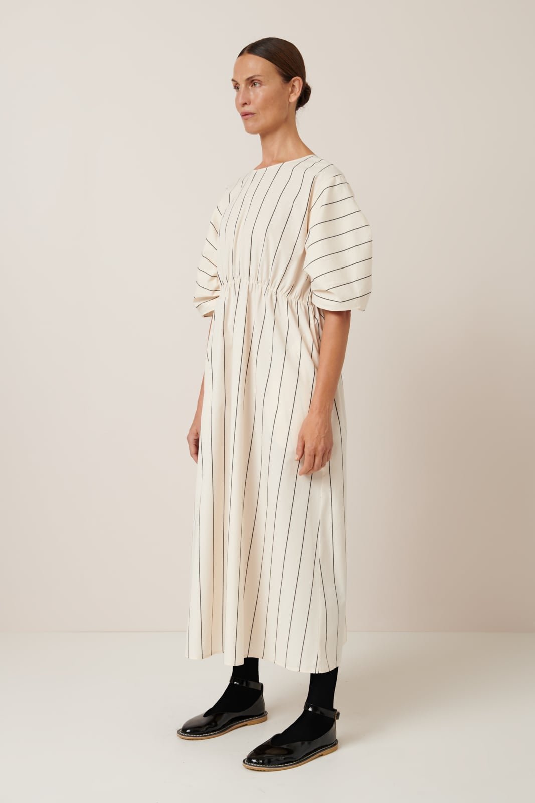 kowtow | Ellora Dress | Greige Pinstripe | Palm Boutique