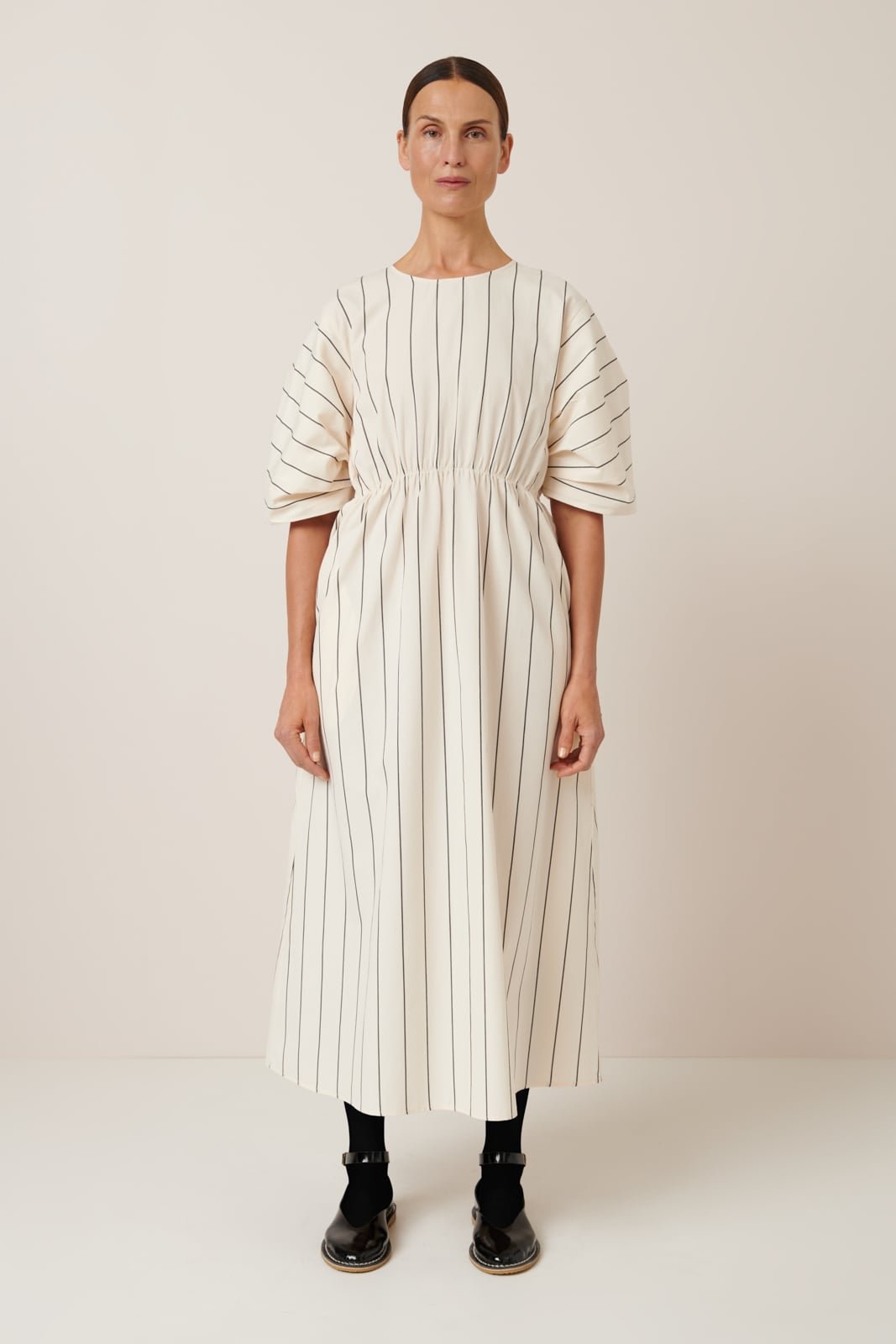 kowtow | Ellora Dress | Greige Pinstripe | Palm Boutique