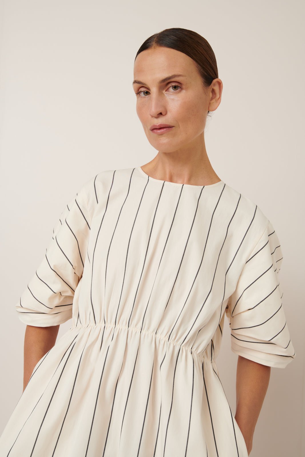 kowtow | Ellora Dress | Greige Pinstripe | Palm Boutique