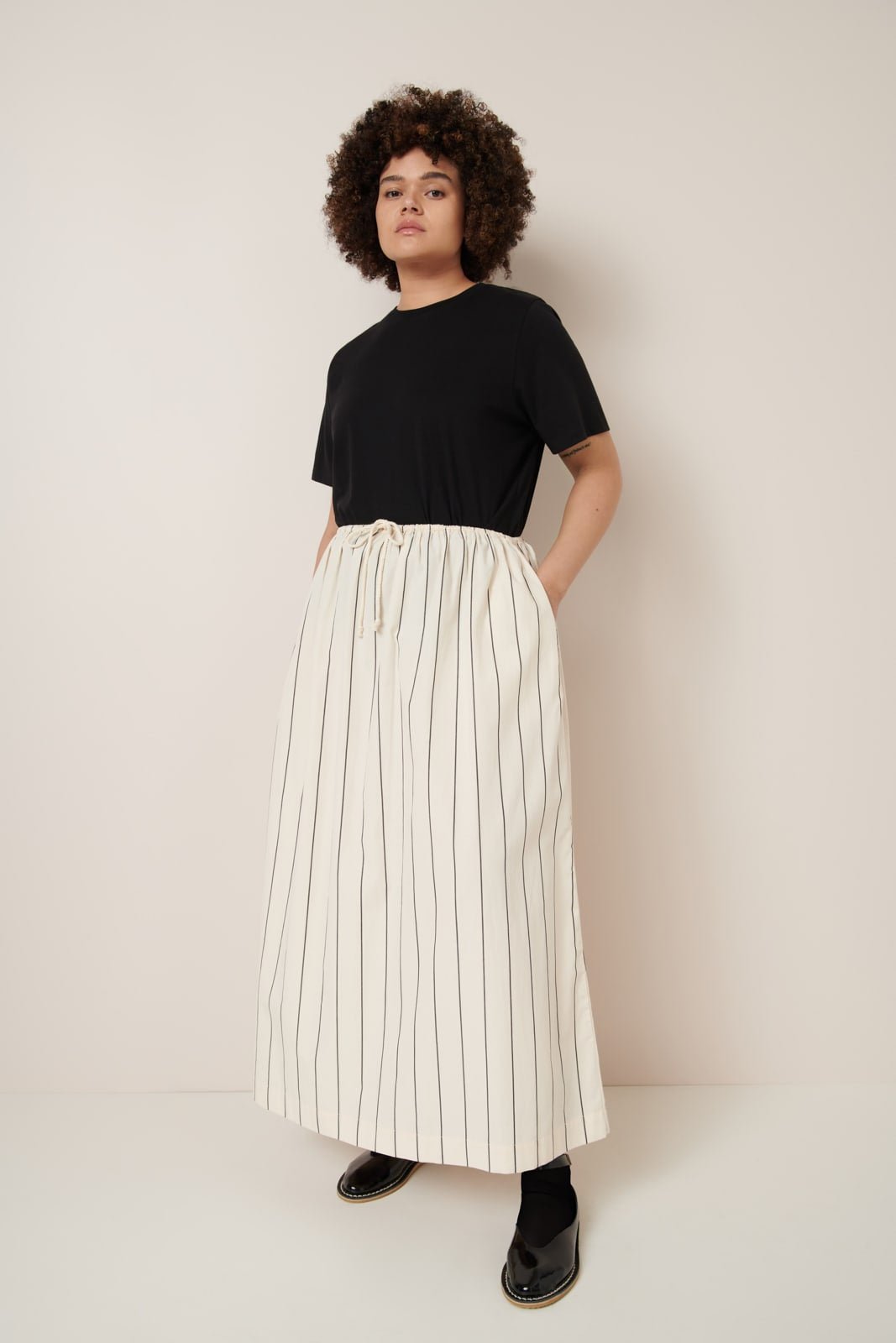 kowtow | Linear Skirt | Greige Pinstripe | Palm Boutique