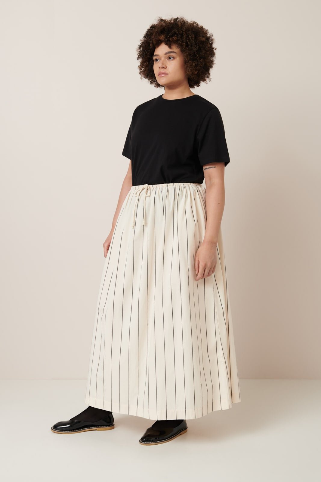 kowtow | Linear Skirt | Greige Pinstripe | Palm Boutique