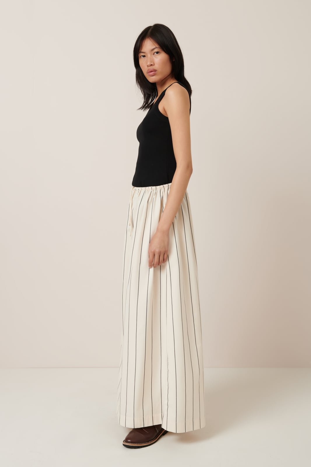 kowtow | Linear Skirt | Greige Pinstripe | Palm Boutique