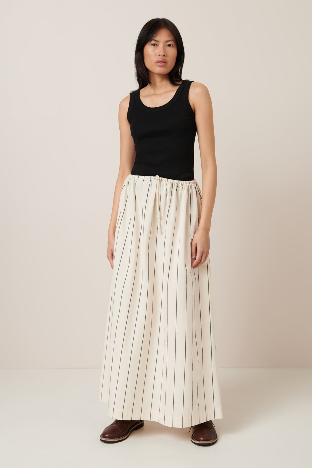 kowtow | Linear Skirt | Greige Pinstripe | Palm Boutique