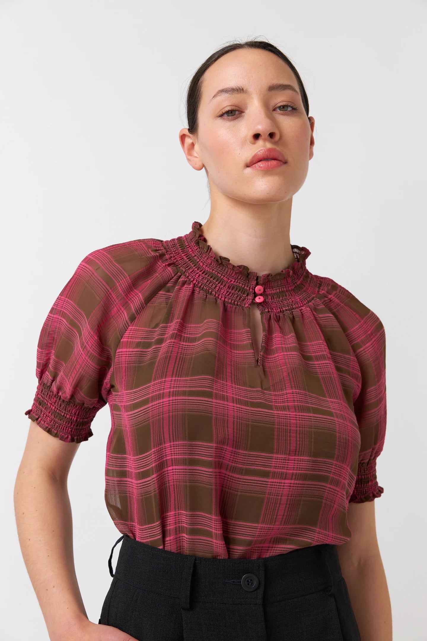 Kate Sylvester | Sheer Plaid Top | Berry | Palm Boutique