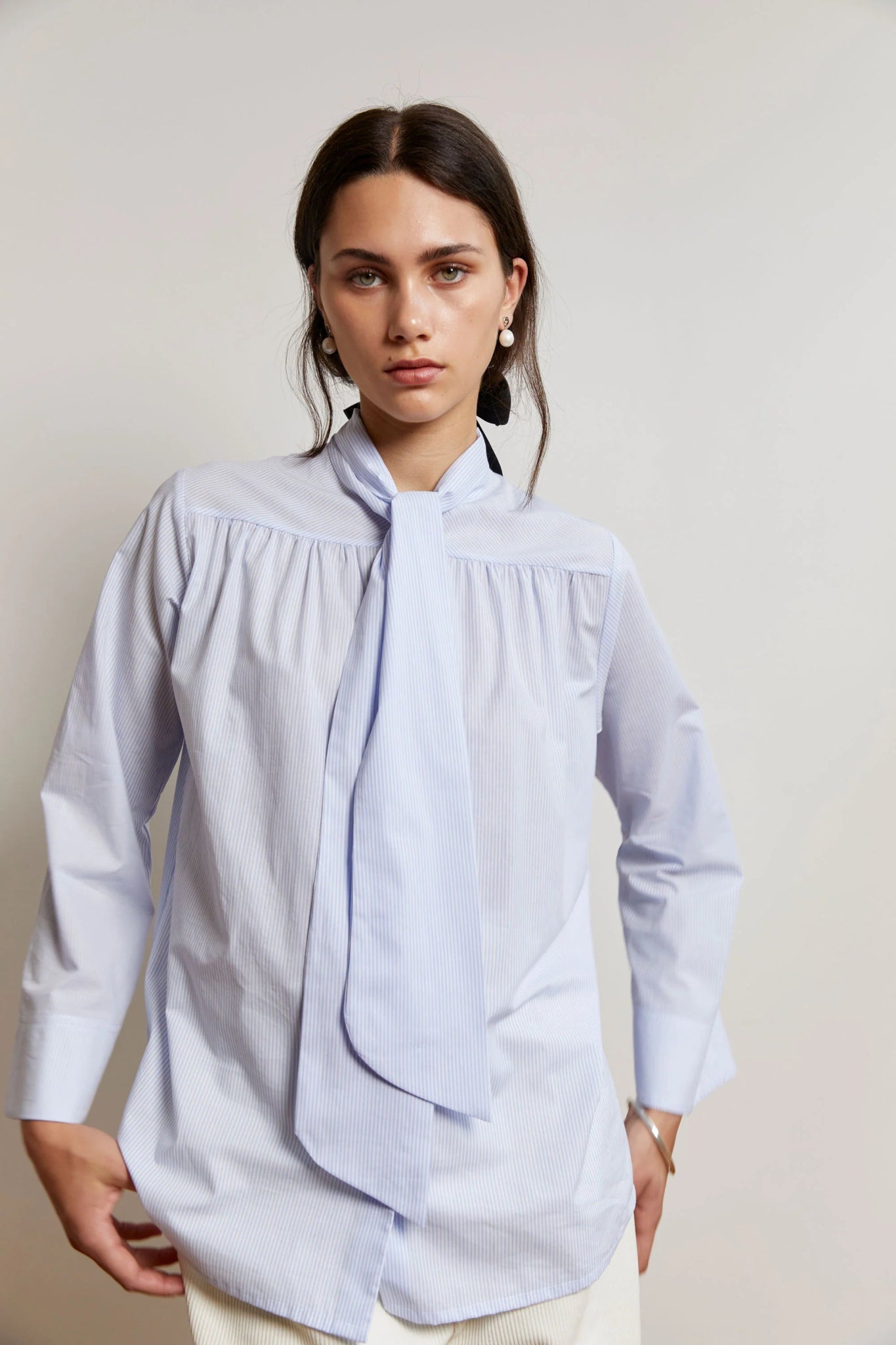 Mahsa | Bianca Bow Blouse | Luna Cotton Stripe Baby Blue | Palm Boutique