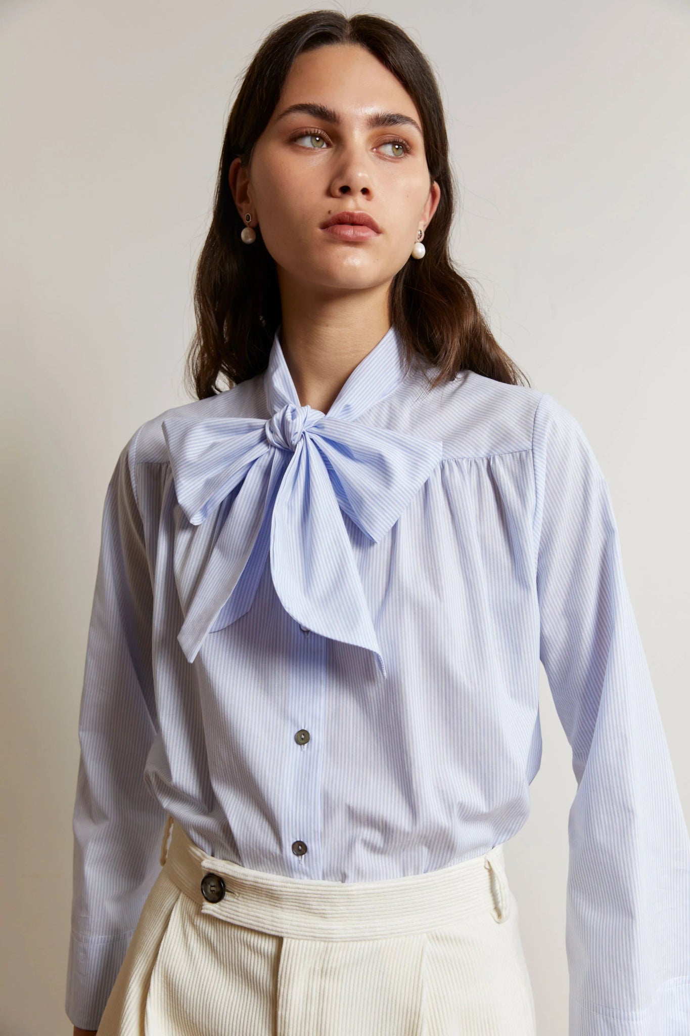 Mahsa | Bianca Bow Blouse | Luna Cotton Stripe Baby Blue | Palm Boutique